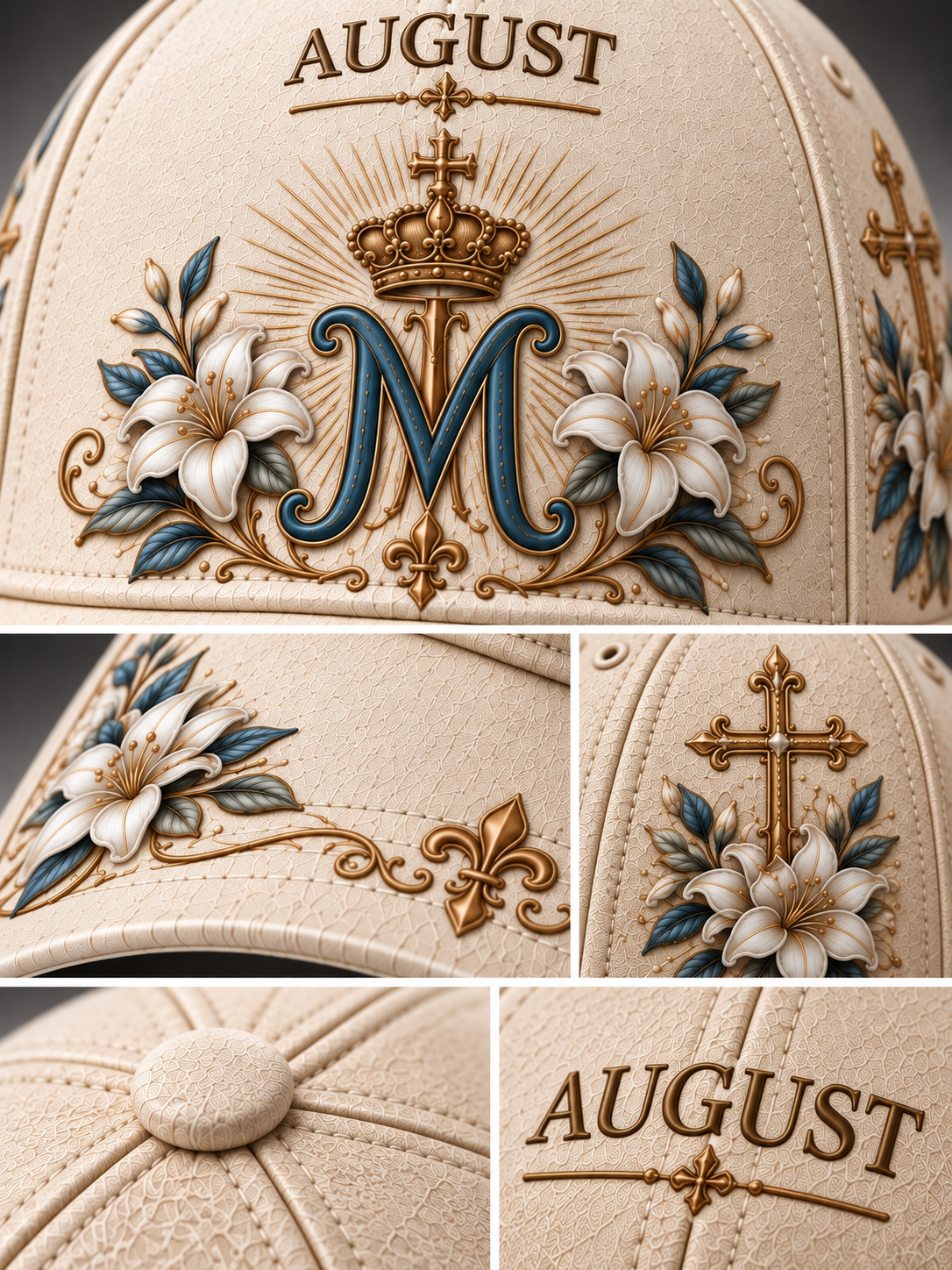A beige baseball cap shown in a multi-panel collage, featuring a large embroidered monogram 'M' with a crown, floral motifs, and the name 'AUGUST' on the front panels.