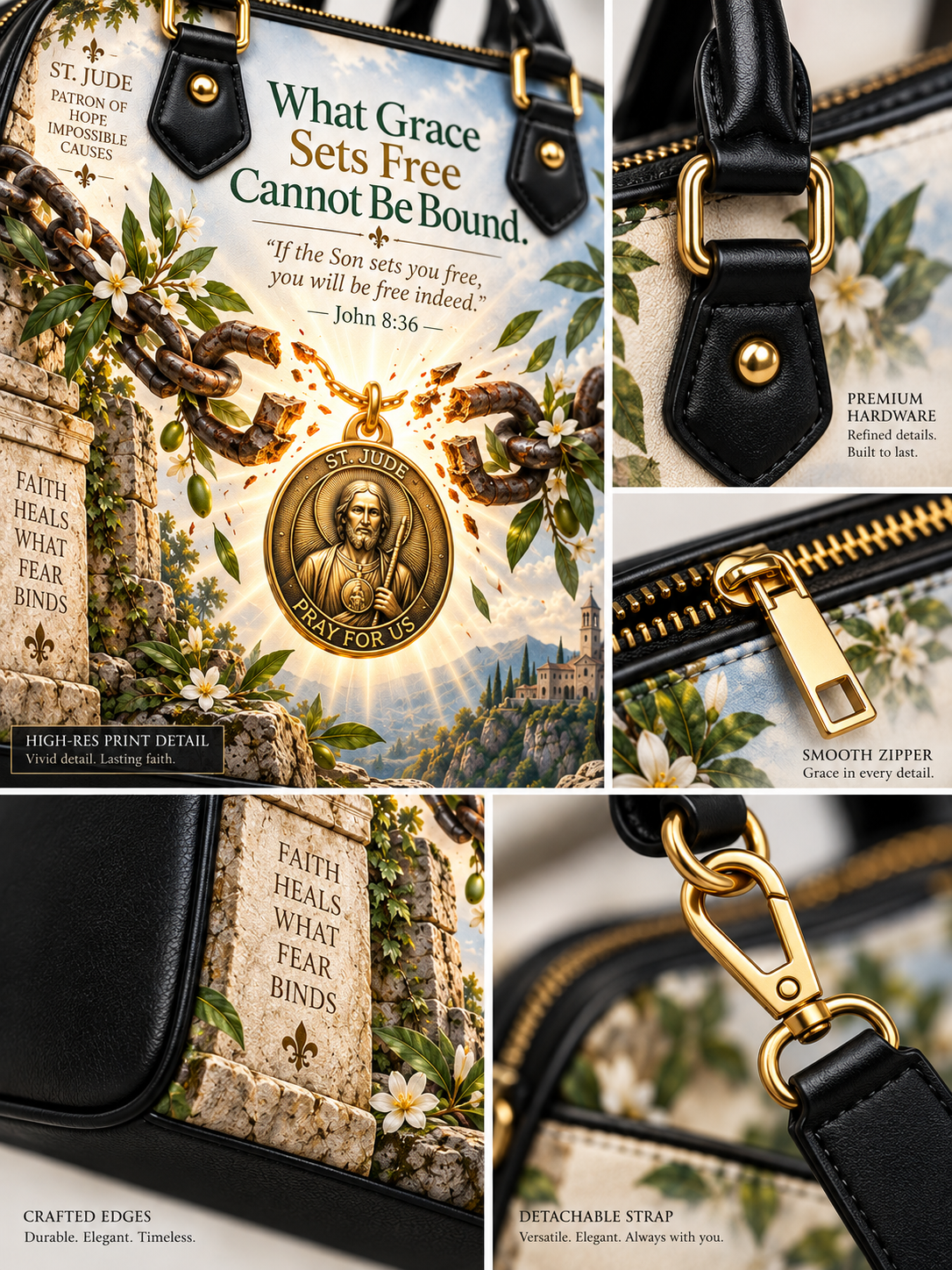 A collage showing a black leather shoulder bag with a detailed religious print featuring St. Jude, a gold medallion, chains, and scripture.