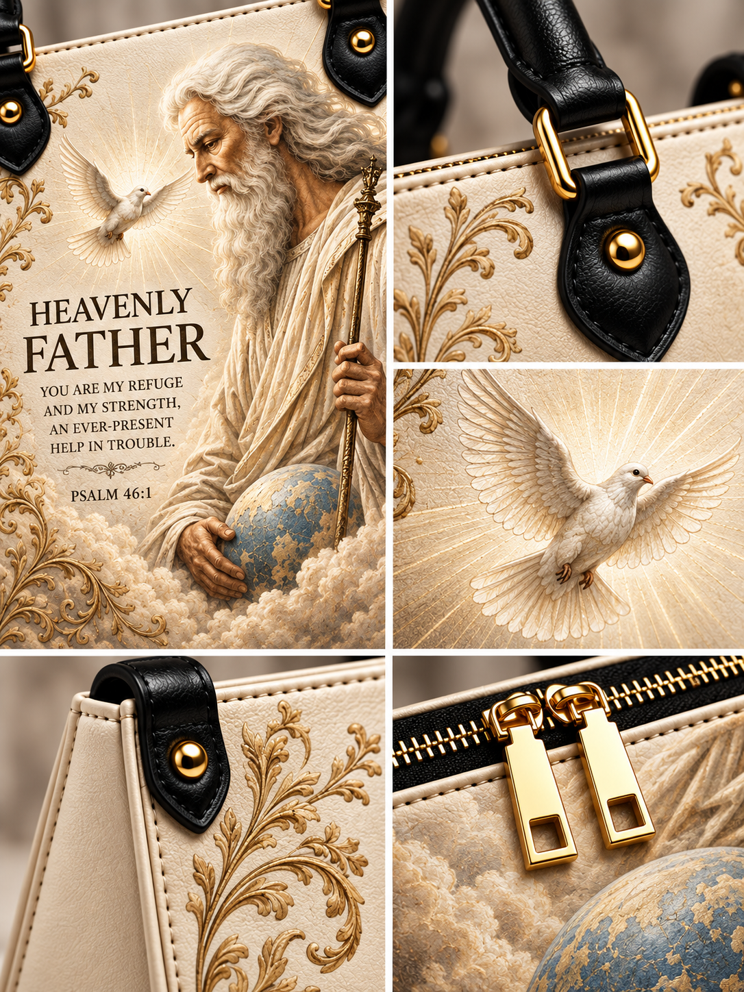 A beige and black handbag shown in a six-panel collage, featuring an ornate illustration of a bearded man with a dove, gold floral scrollwork, a Bible verse, and close-up details of gold zippers and black leather trim.