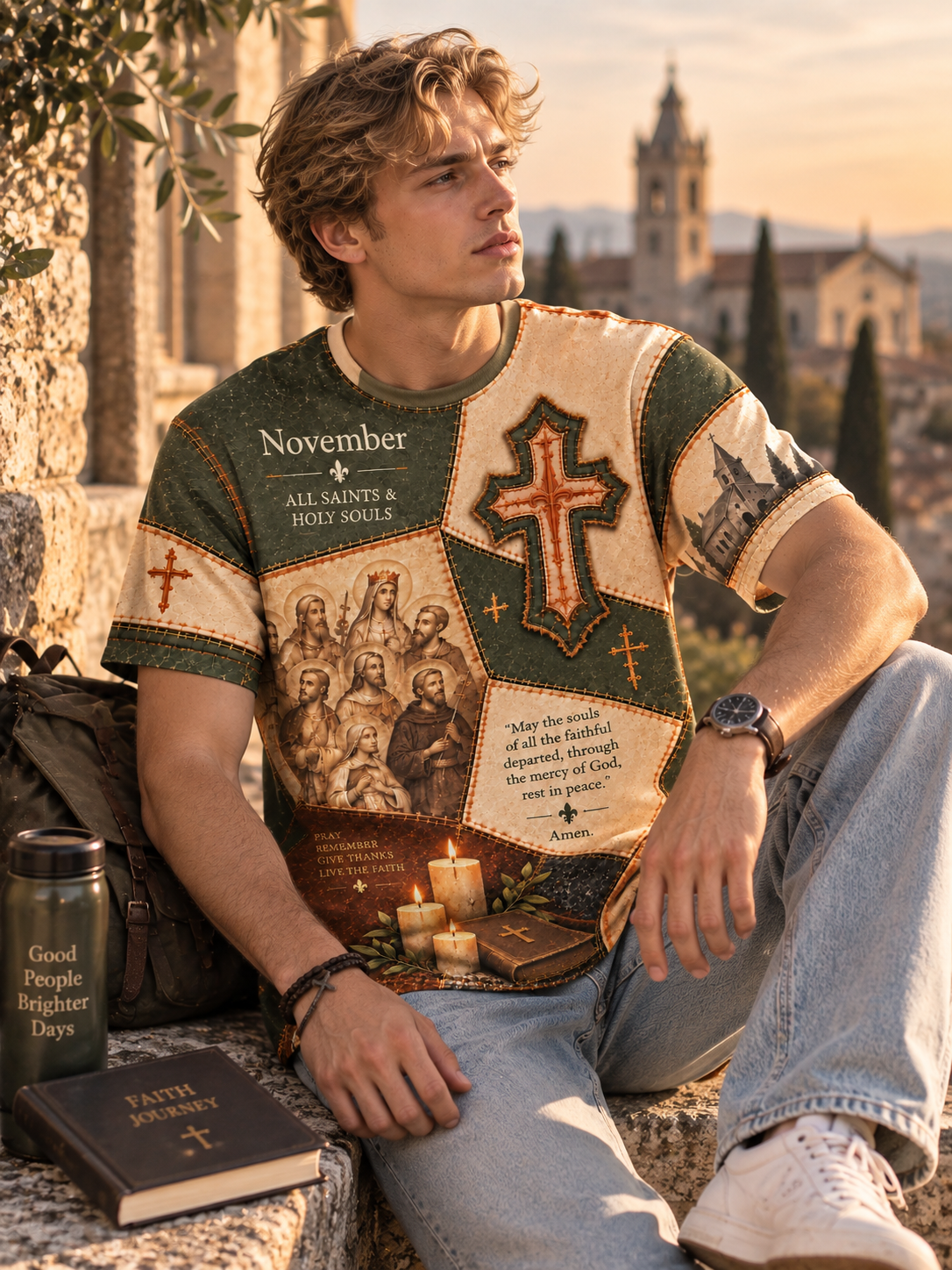 A man wearing a detailed, multi-colored graphic t-shirt with religious imagery and text for November, sitting outdoors on a stone ledge with a book and bag beside him.