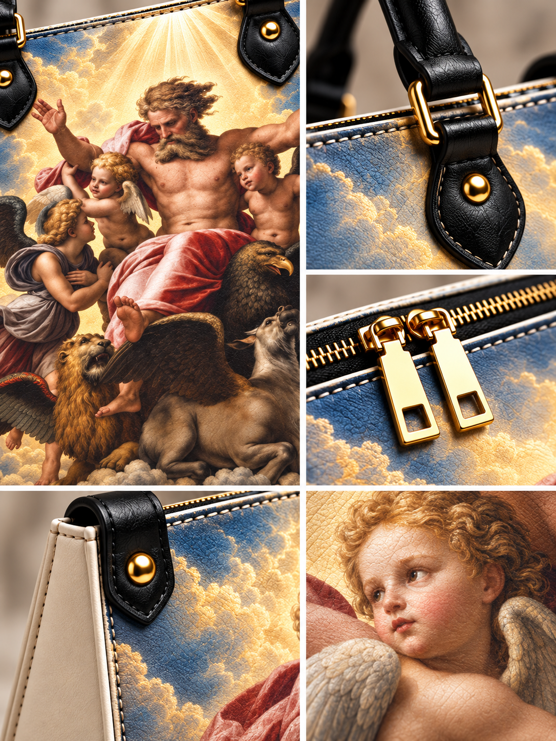 A luxury handbag collage showing a close-up of a canvas body printed with a classical painting of a mythological scene, featuring black leather handles with gold hardware, gold zipper pulls, and a detail of a cherub.
