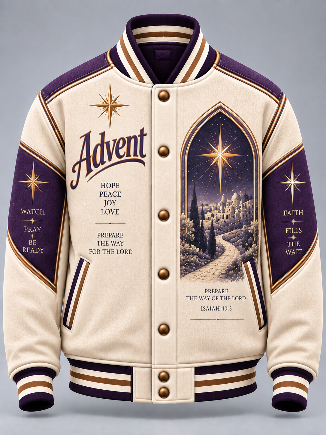 A cream varsity-style jacket with purple and brown trim, featuring the word 'Advent' and inspirational text on the front, plus a starry night sky scene printed on the right chest. The sleeves also include text such as 'Watch', 'Pray', 'Be Ready', 'Faith', and 'Fills the Wait'.