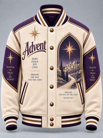 A cream varsity-style jacket with purple and brown trim, featuring the word 'Advent' and inspirational text on the front, plus a starry night sky scene printed on the right chest. The sleeves also include text such as 'Watch', 'Pray', 'Be Ready', 'Faith', and 'Fills the Wait'.