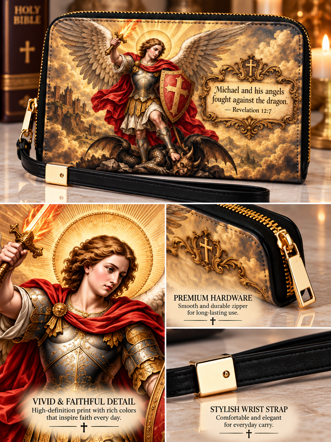 A rectangular zip pouch wallet featuring a detailed religious illustration of Michael the Archangel with a sword and shield, gold lettering, and a black strap, shown in a three-panel collage with close-up detail shots and promotional text.