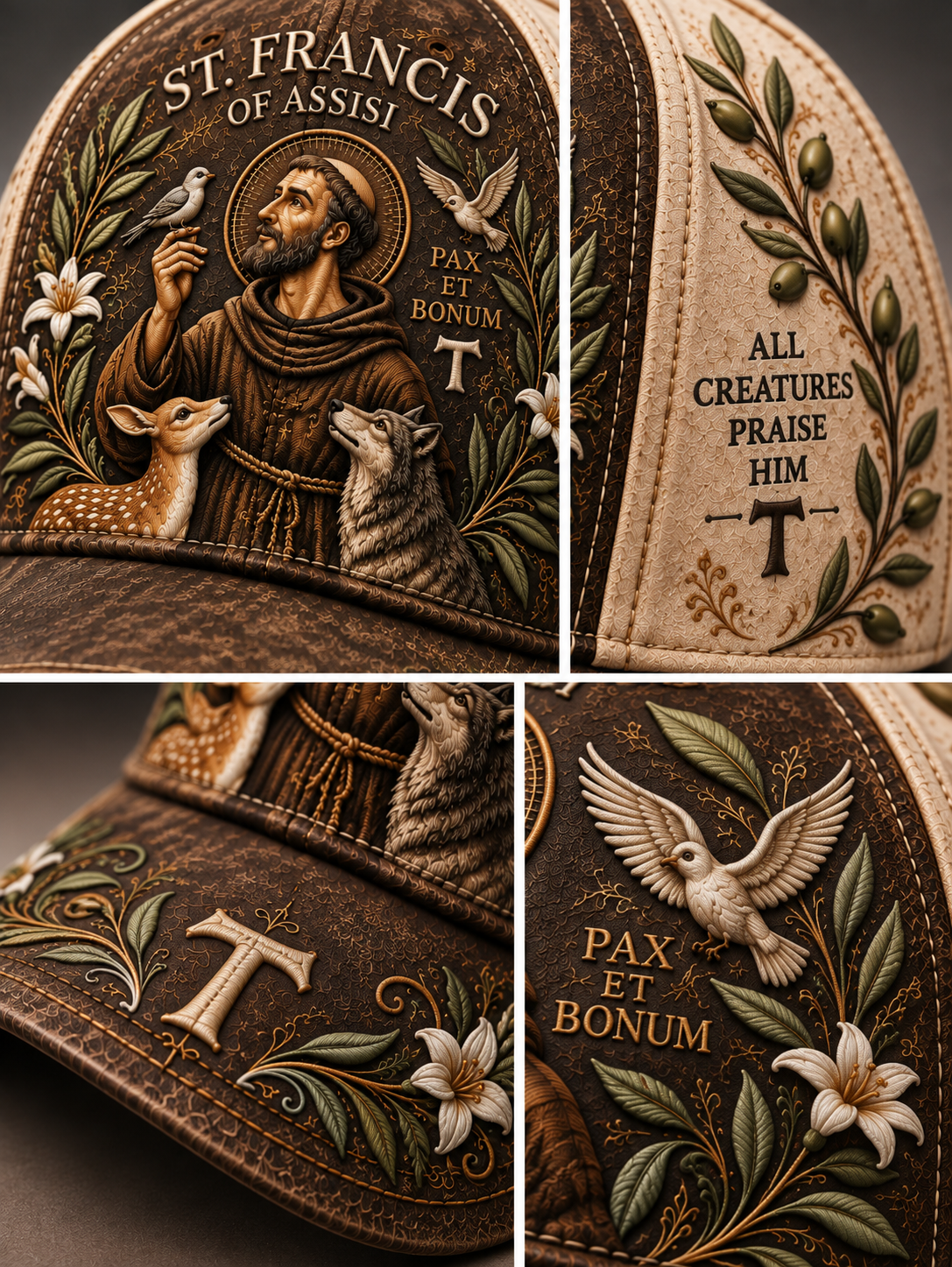 A four-panel close-up collage of an embroidered St. Francis of Assisi baseball cap.