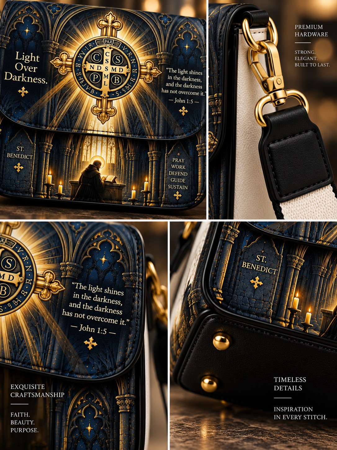A luxury handbag shown in a four-panel collage, featuring a dark navy and gold St. Benedict design with illuminated book illustrations, brass-tone hardware, and black leather trim.