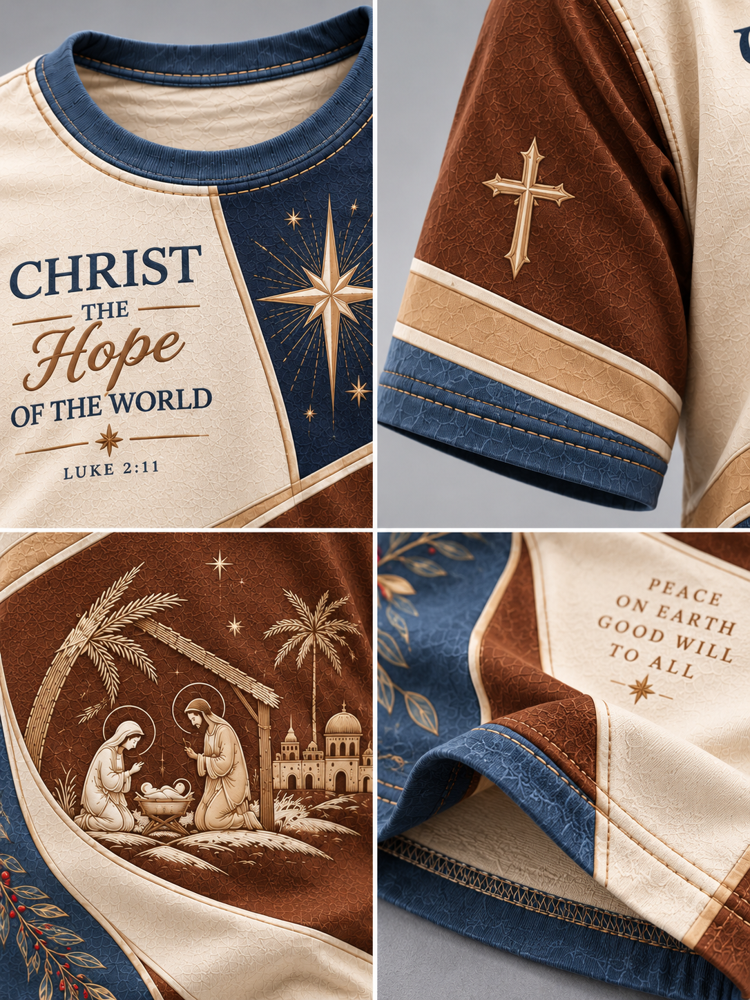 A four-panel close-up collage of a short-sleeve T-shirt fabric and print details. The shirt has a cream and blue base with brown and gold-toned religious graphics, including the text 'CHRIST THE Hope OF THE WORLD LUKE 2:11', a cross on the sleeve, and a nativity scene with palm trees and a church dome.