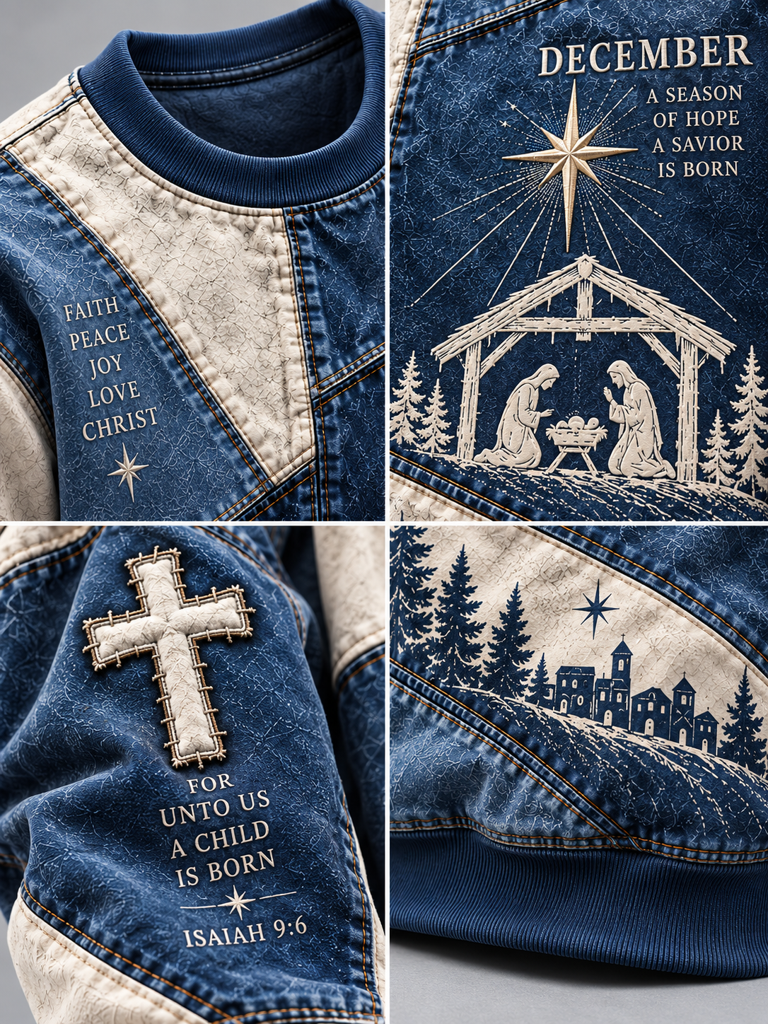 A four-panel close-up collage of a blue denim Christmas-themed garment, showing the front chest print with 'FAITH PEACE JOY LOVE CHRIST,' a nativity scene with 'DECEMBER A Savior is born,' a large cross with 'FOR UNTO US A CHILD IS BORN ISAIAH 9:6,' and a snowy village print.