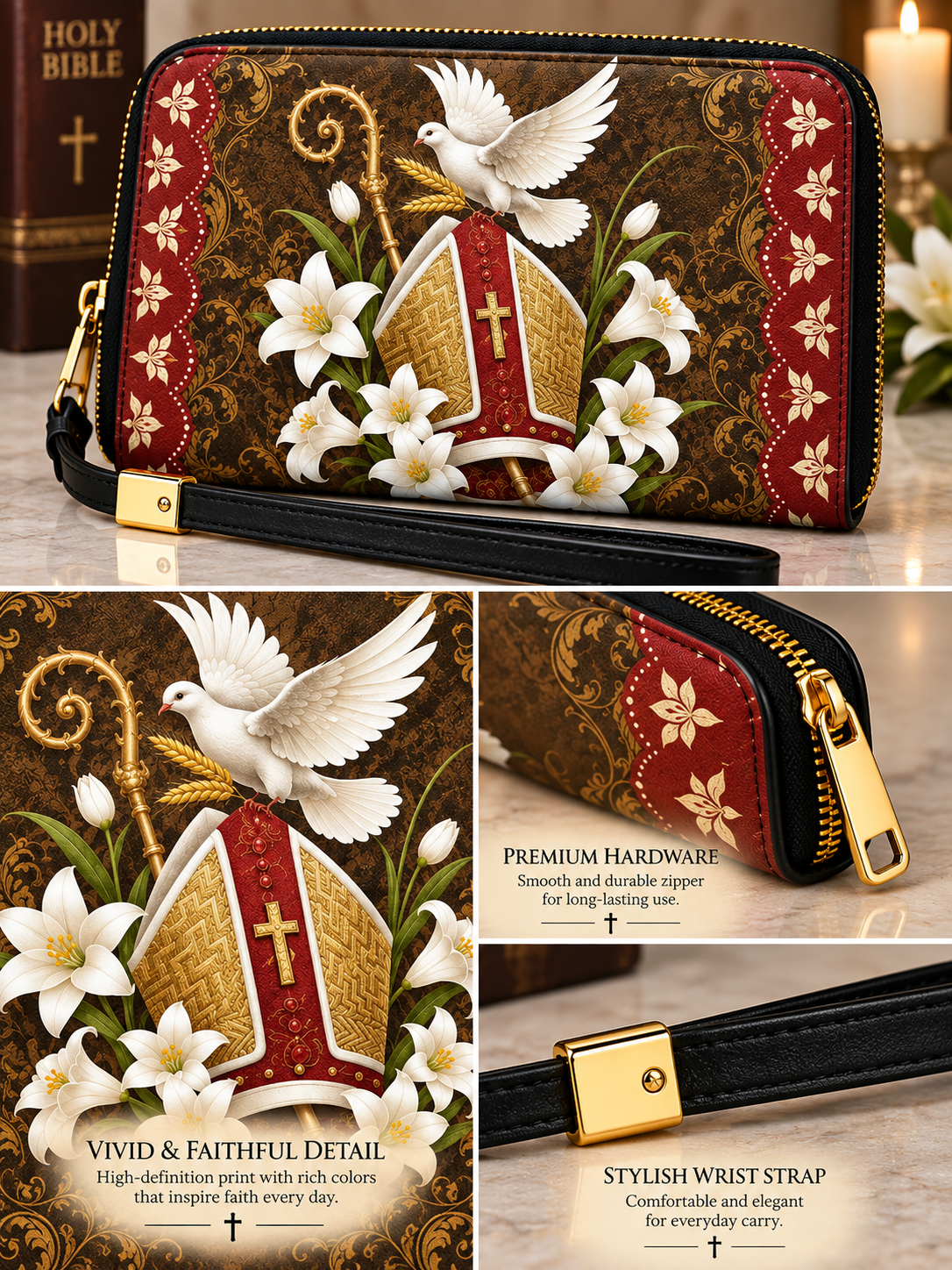 A collage showing a zip-around wristlet clutch with a printed religious design: a white dove, white lilies, a red and gold book with a cross, and ornate brown damask patterning. Text callouts mention premium hardware, a black wrist strap, and vivid faithful detail.