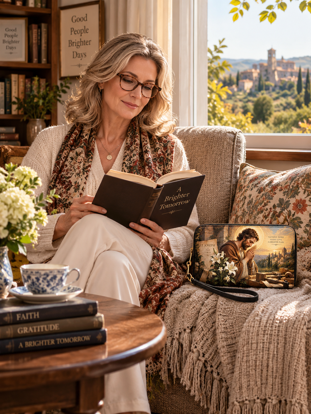 A woman in a cozy living room setting reads a book on a beige armchair, with a matching printed clutch bag beside her. The scene is warmly lit by a window showing a scenic view, with a bookshelf and flowers in the background.
