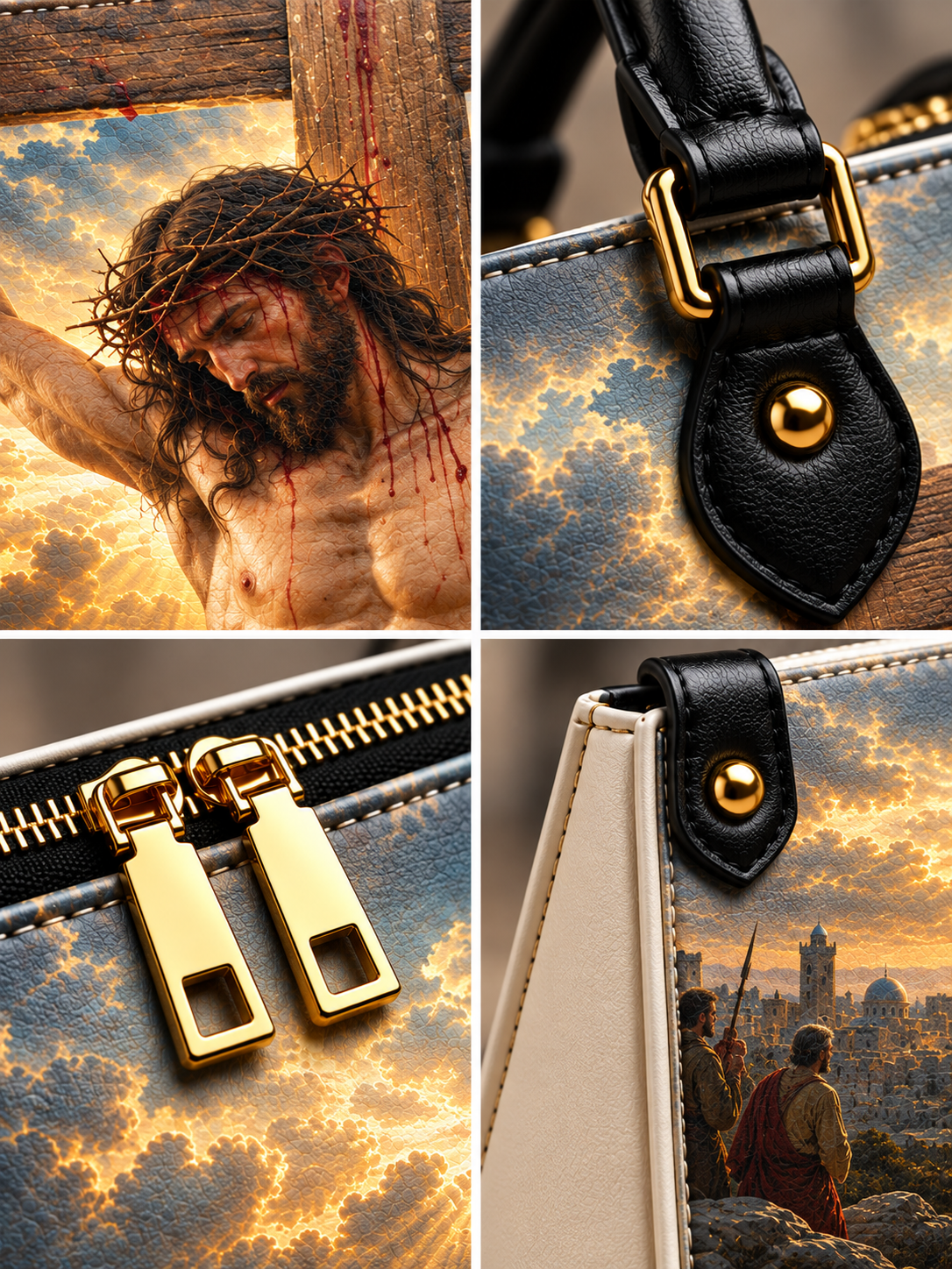 A four-panel close-up collage of a handbag. The panels show the printed artwork on the bag, black leather handle and strap with gold-tone hardware, gold zipper pulls, and part of the beige bag body.