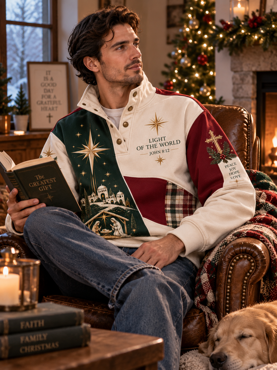 A man sits in a brown leather armchair in a cozy living room, wearing a Christmas-themed color-blocked quarter-zip sweatshirt. The sweatshirt features a cream base with a dark green panel showing a nativity scene, a dark red panel, and a plaid patch.