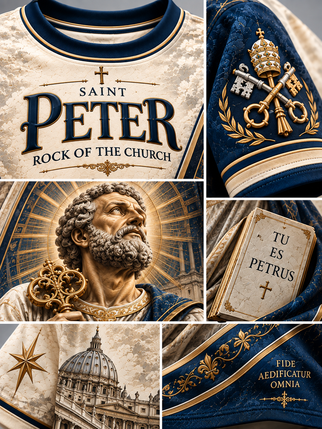 A collage of multiple views of a Saint Peter themed apparel design, featuring a cream and navy blue jersey-style shirt with 'SAINT PETER ROCK OF THE CHURCH' text, a close-up of a navy sleeve with gold keys and crown emblem, a gold-toned bust illustration of Saint Peter, a book labeled 'TU ES PETRUS', a view of St. Peter's dome, and a navy fabric panel with gold decorative lettering.