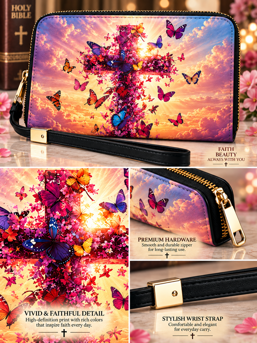 A zip-around wristlet wallet with a black strap and gold-tone hardware, featuring a vivid printed design of a glowing cross made of flowers and surrounded by colorful butterflies against a sunset sky. The collage includes close-up detail shots and text callouts highlighting the print, zipper, and strap.