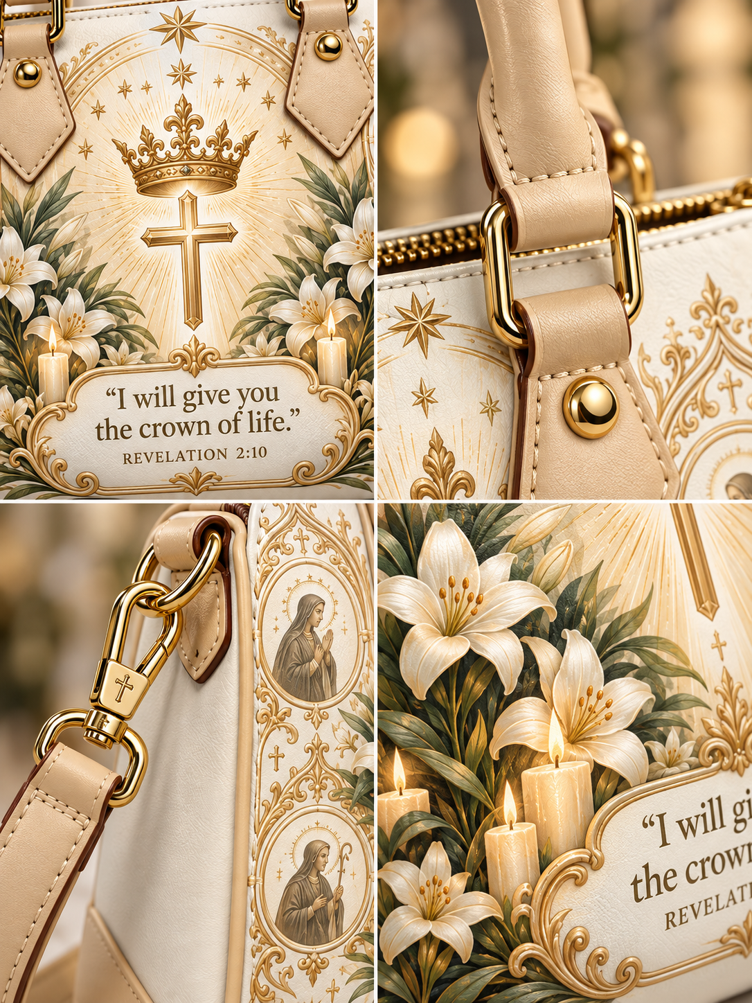 A beige and cream handbag with gold hardware, featuring religious illustrations including a crown, cross, lilies, candles, and a Bible verse from Revelation 2:10. The image is a four-panel collage showing different close-up views of the bag's design and details.
