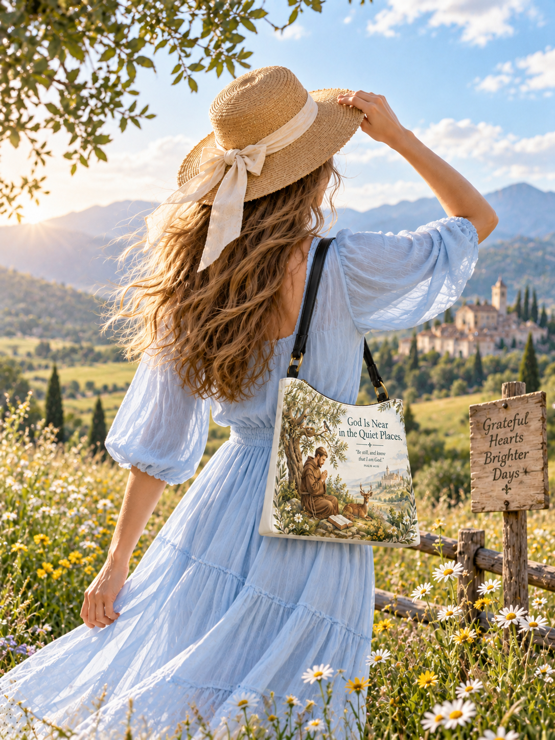 A white shoulder bag with a black strap, featuring a detailed illustration of Saint Francis of Assisi sitting under a tree next to a deer, with the text 'God Is Near in the Quiet Places. Psalm 34:7' printed on the front.