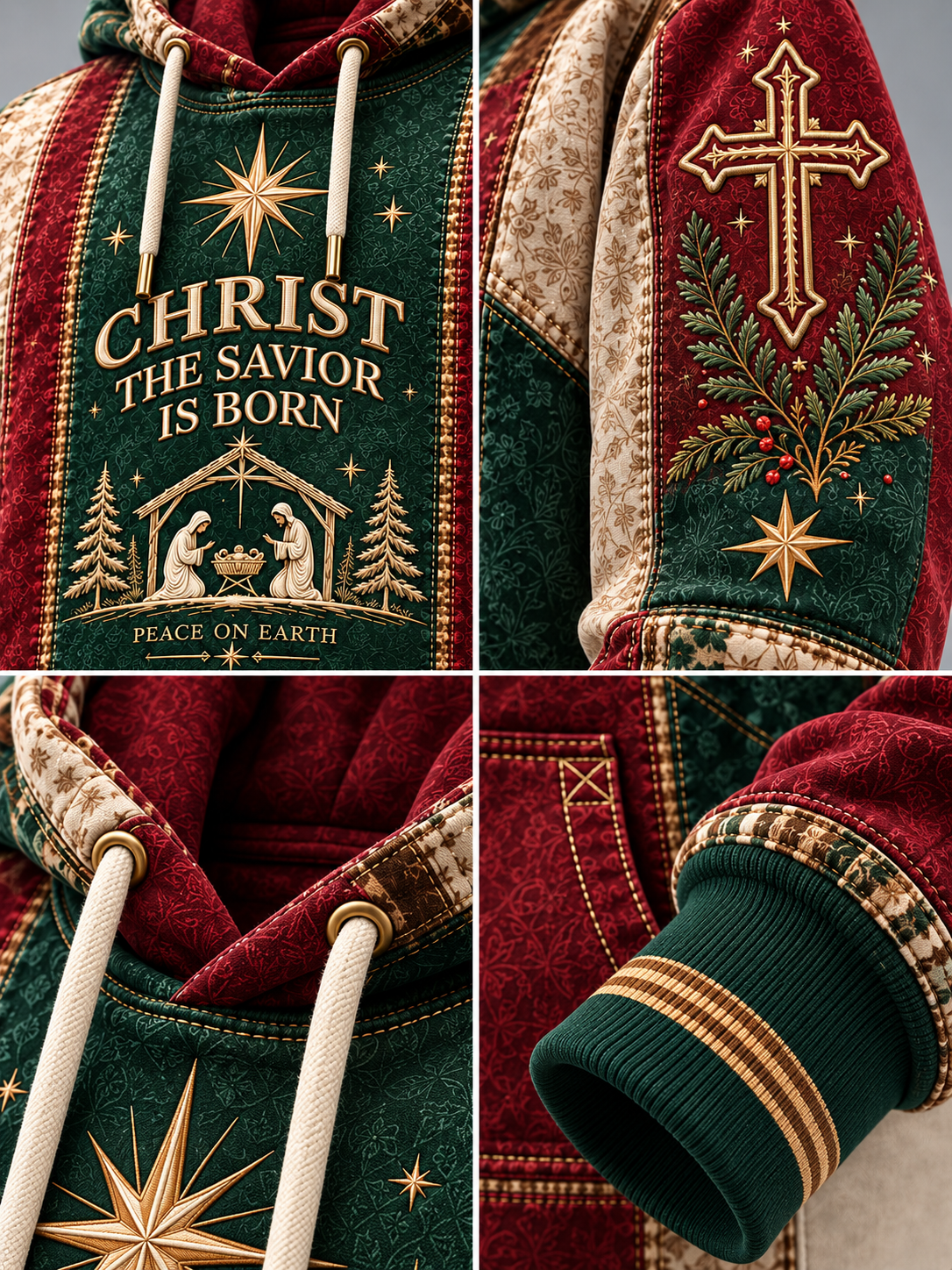 A close-up collage of a hooded sweatshirt showing Christmas-themed embroidery and print details, including the text 'CHRIST THE SAVIOR IS BORN,' a nativity scene, a large cross with a gold star, pine branches, and ribbed cuffs in dark green, burgundy, beige, and gold.