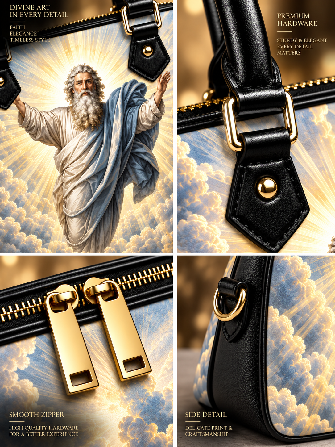 A four-panel product collage showing a black leather handbag with gold hardware and a printed cloud-and-glow background. The panels include a front view with a religious figure artwork, close-ups of gold zipper pulls and hardware, and a side detail.