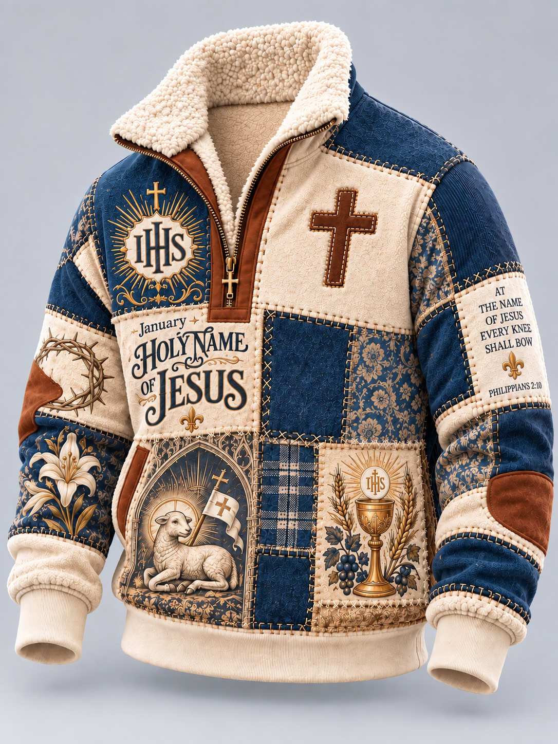 A quarter-zip patchwork sherpa fleece jacket featuring religious motifs, including the IHS monogram, a large cross, 'Holy Name of Jesus' text, a lamb illustration, and a chalice patchwork design in blue, beige, and brown.