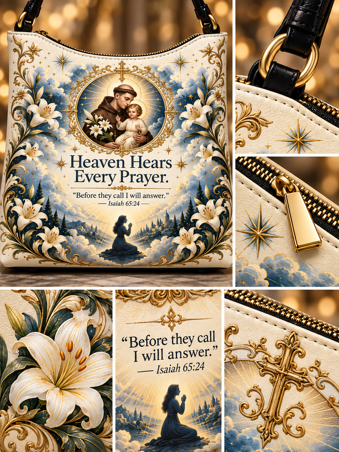 A collage showing a decorative handbag from multiple angles. The main view shows a cream-colored bag with a large printed illustration of a saint and child, white lilies, a praying silhouette, and the text 'Heaven Hears Every Prayer' with a Bible verse.