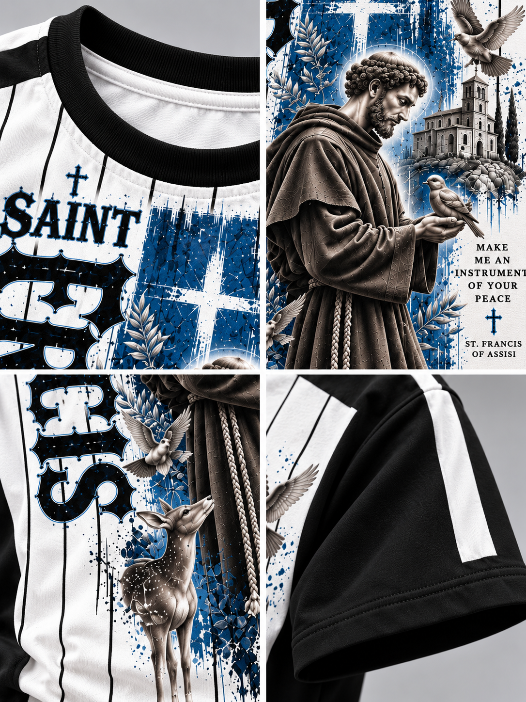 A collage showing multiple close-up views of a Saint Francis of Assisi graphic t-shirt. The design features a black and white pinstripe base with blue distressed paint splatters, black gothic lettering, a detailed illustration of Saint Francis holding a bird, a deer, and a cross, and a small church building.