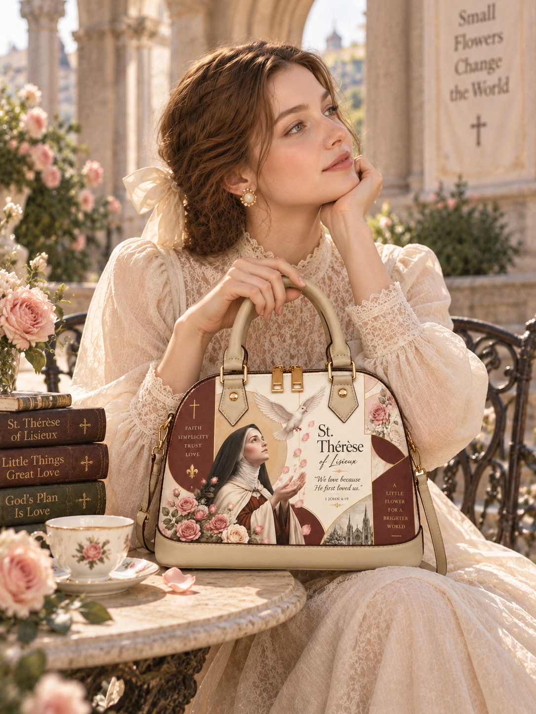 A structured dome-shaped handbag with beige leather trim and handles, featuring a detailed graphic print of St. Thérèse of Lisieux, pink roses, a white dove, and religious text on the front and sides.
