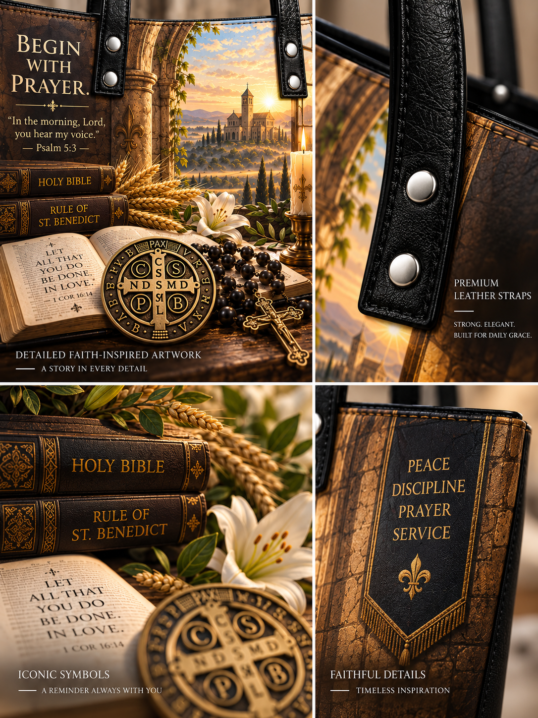 A four-panel collage showing a detailed, faith-inspired leather tote bag with Bible-themed artwork. The panels highlight the black leather straps with silver rivets, the front pocket featuring a scenic cathedral landscape and the quote 'Begin with Prayer,' and the main body decorated with faux leather books, a rosary, a cross, and religious symbols.