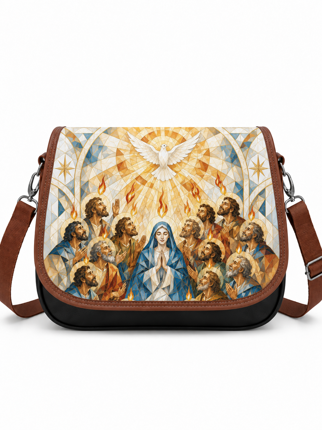 A messenger-style shoulder bag with a brown leather trim and strap, featuring a large religious illustration on the front showing a dove, angels, and figures in blue and gold tones. The bag is photographed against a plain white background.