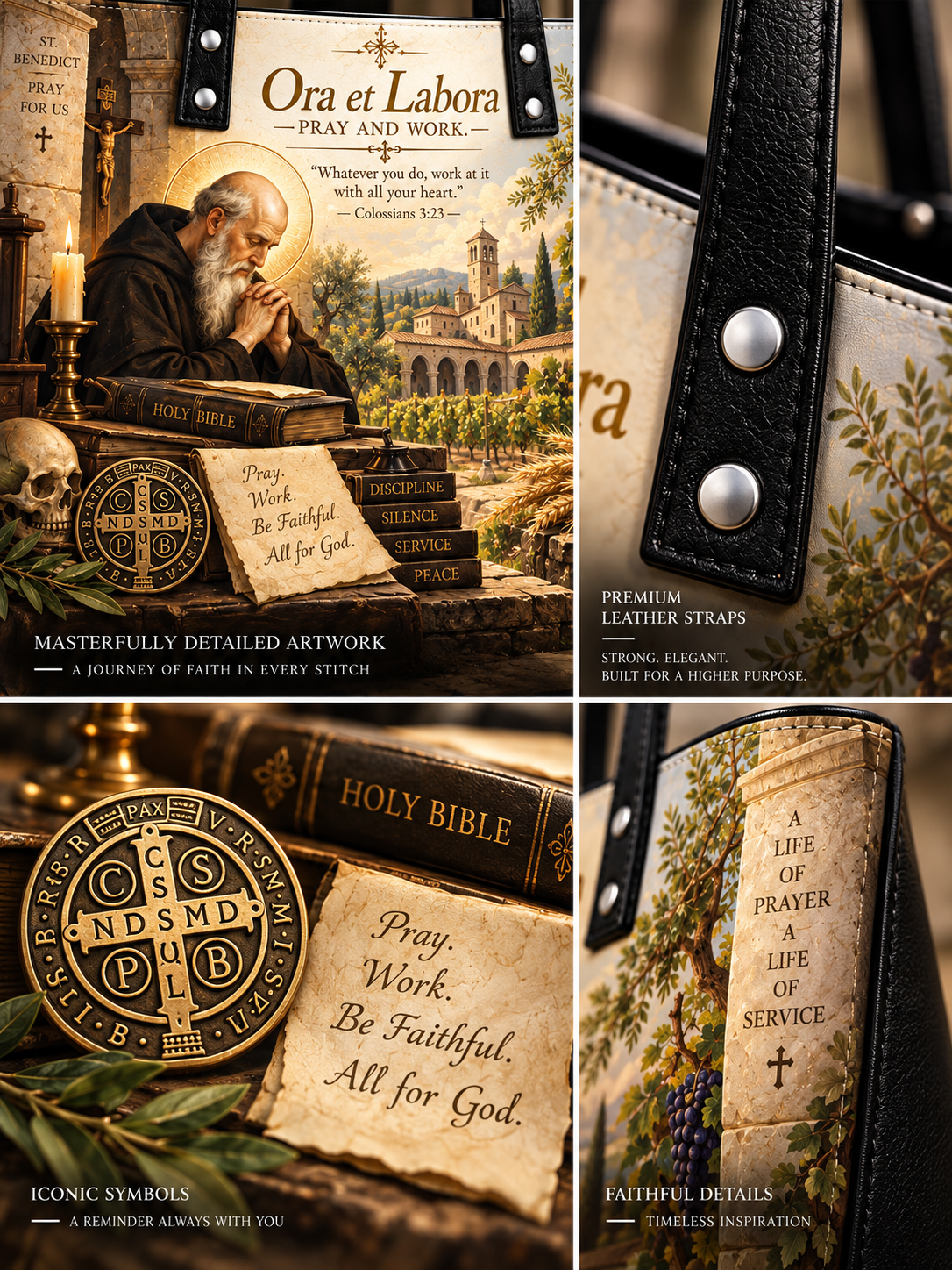 A collage showing a leather-bound Holy Bible with ornate printed artwork, decorative leather straps, embossed text, and religious-themed details. The panels include a portrait of a bearded man reading, close-up of black leather straps with silver snaps, a Bible surrounded by books and a gold-toned medallion, and a Bible cover with grapevine and floral illustration.