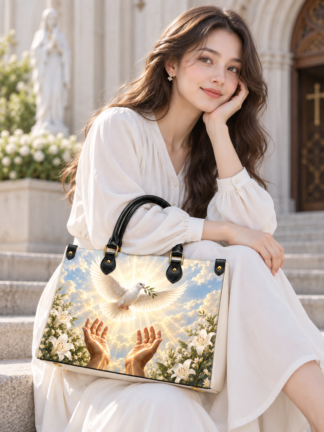 A woman in a white dress sits on stone steps holding a large tote bag printed with a religious scene of hands reaching up to a dove under a bright sky.