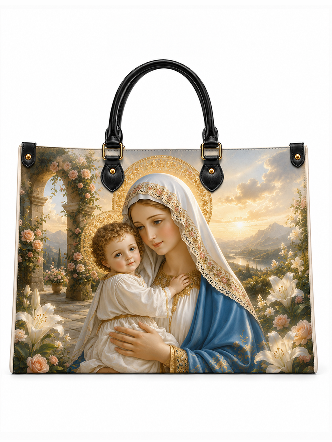 A structured tote handbag featuring a large religious art print of the Virgin Mary holding the infant Jesus, with black leather top handles and gold-tone hardware, shown against a plain white background.