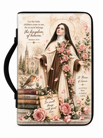 A zippered journal or planner cover featuring a vintage-style illustration of Saint Therese of Lisieux, surrounded by pink roses, books, a small bird, and religious text, with a black carrying strap.
