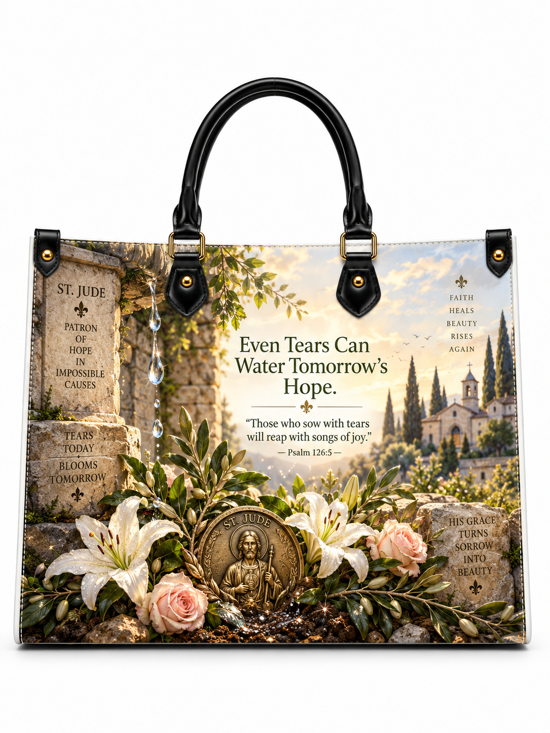 A structured tote handbag with black double handles and gold-tone hardware, featuring a printed religious scenic design with tombstones, lilies, roses, a rosary, and a church. The center text reads, 'Even Tears Can Water Tomorrow's Hope.