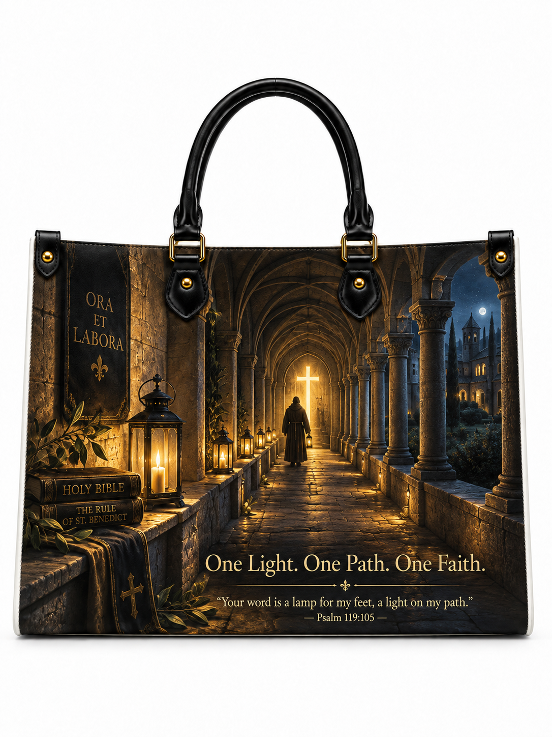 St. Benedict Light Upon My Path Leather Tote Bag