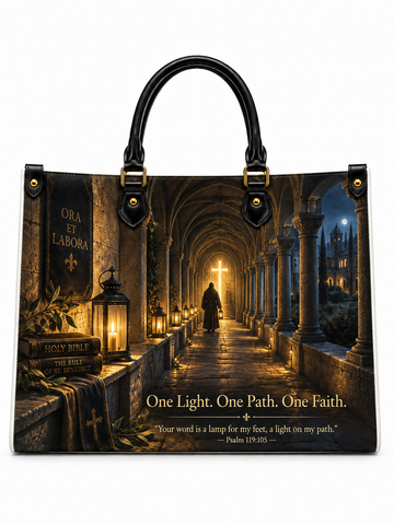 St. Benedict Light Upon My Path Leather Tote Bag