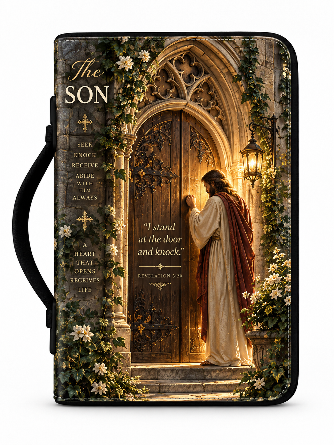 A Bible or book cover with a black handle, featuring a printed illustration of Jesus standing before a glowing stone door, with floral vines and the text 'The SON' and a Bible verse on the cover.