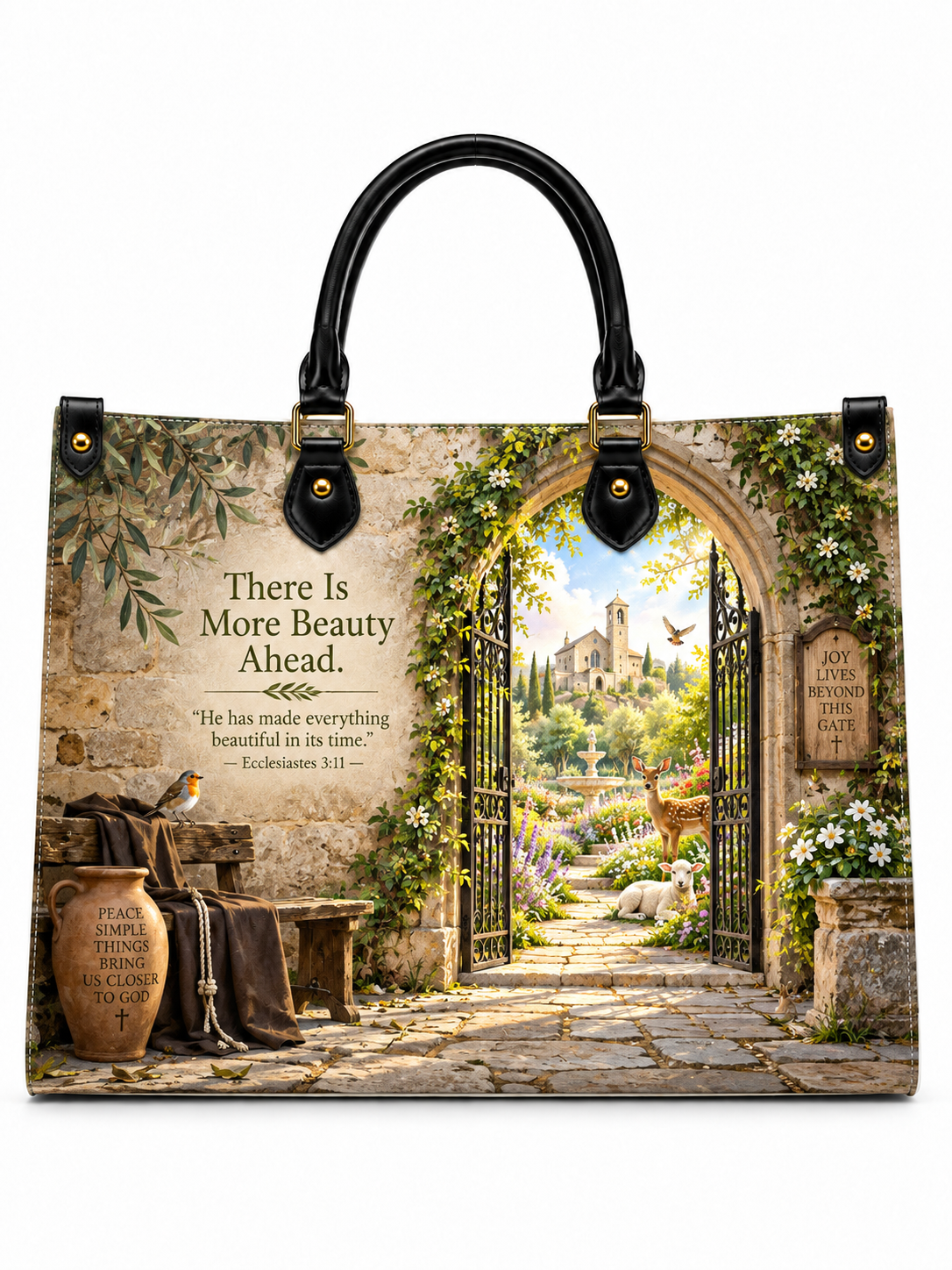 A structured tote bag with black handles and gold-tone hardware, featuring a printed scenic design of an open stone archway leading to a lush garden, with text and decorative elements on a white background.