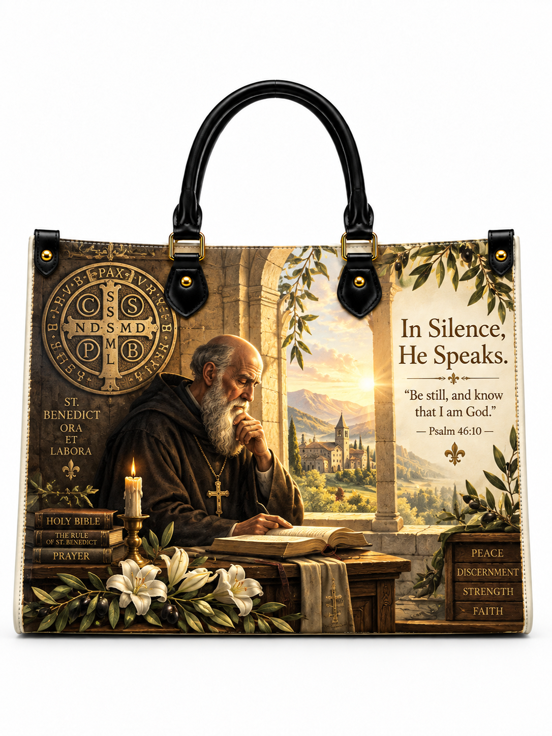 A structured tote handbag with black handles and gold-tone hardware, featuring a detailed religious print of Saint Benedict in monastic robes beside a window view, with text including 'In Silence, He Speaks' and 'Benedictus Ora Labora.'.