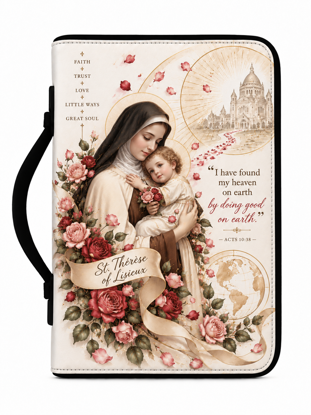 A protective phone case featuring a vintage-style illustration of Saint Thérèse of Lisieux holding a child, surrounded by pink roses and religious motifs, with a black carrying strap.