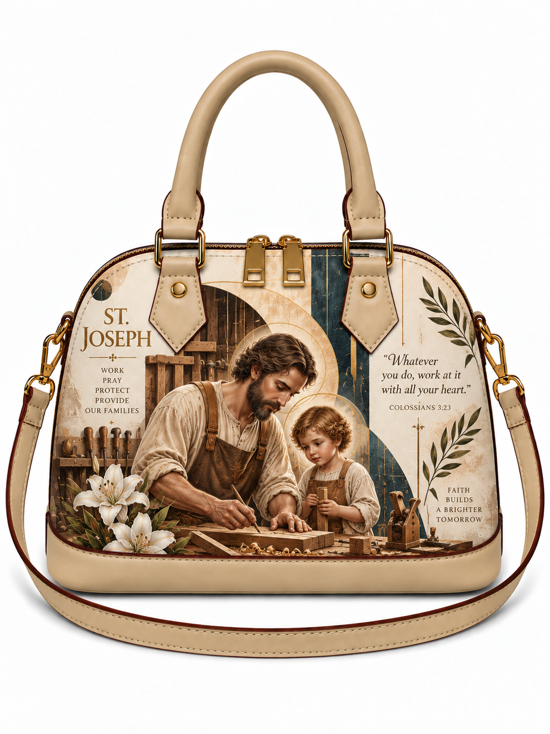 A structured dome-shaped handbag with beige leather handles and shoulder strap, featuring a large vintage-style St. Joseph graphic print on the front with a man and child, lilies, and scripture text.