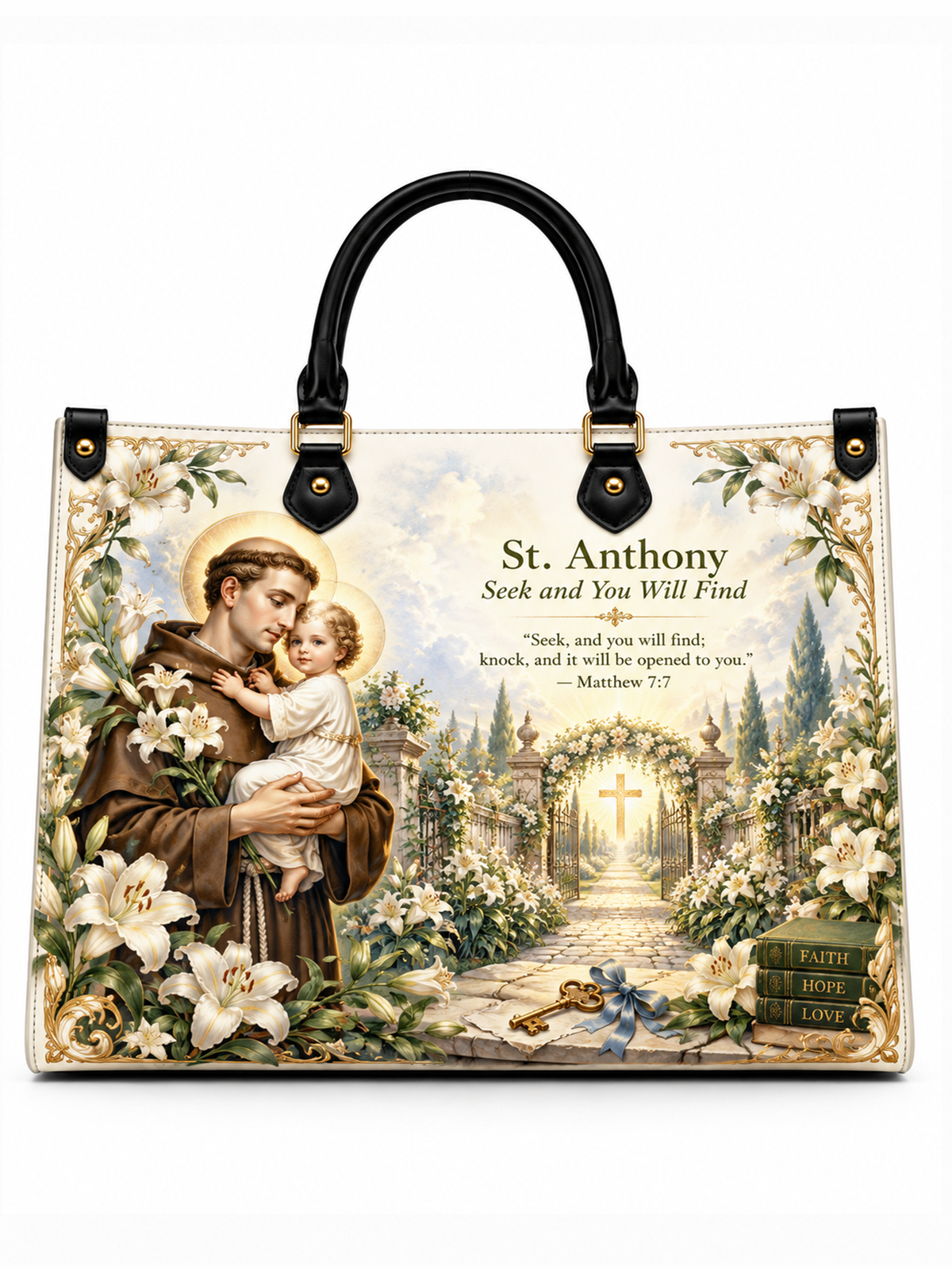 A structured tote handbag with black handles and gold-tone hardware, featuring a detailed religious illustration of St. Anthony holding a child, white lilies, a garden path with a cross, and the text 'St.