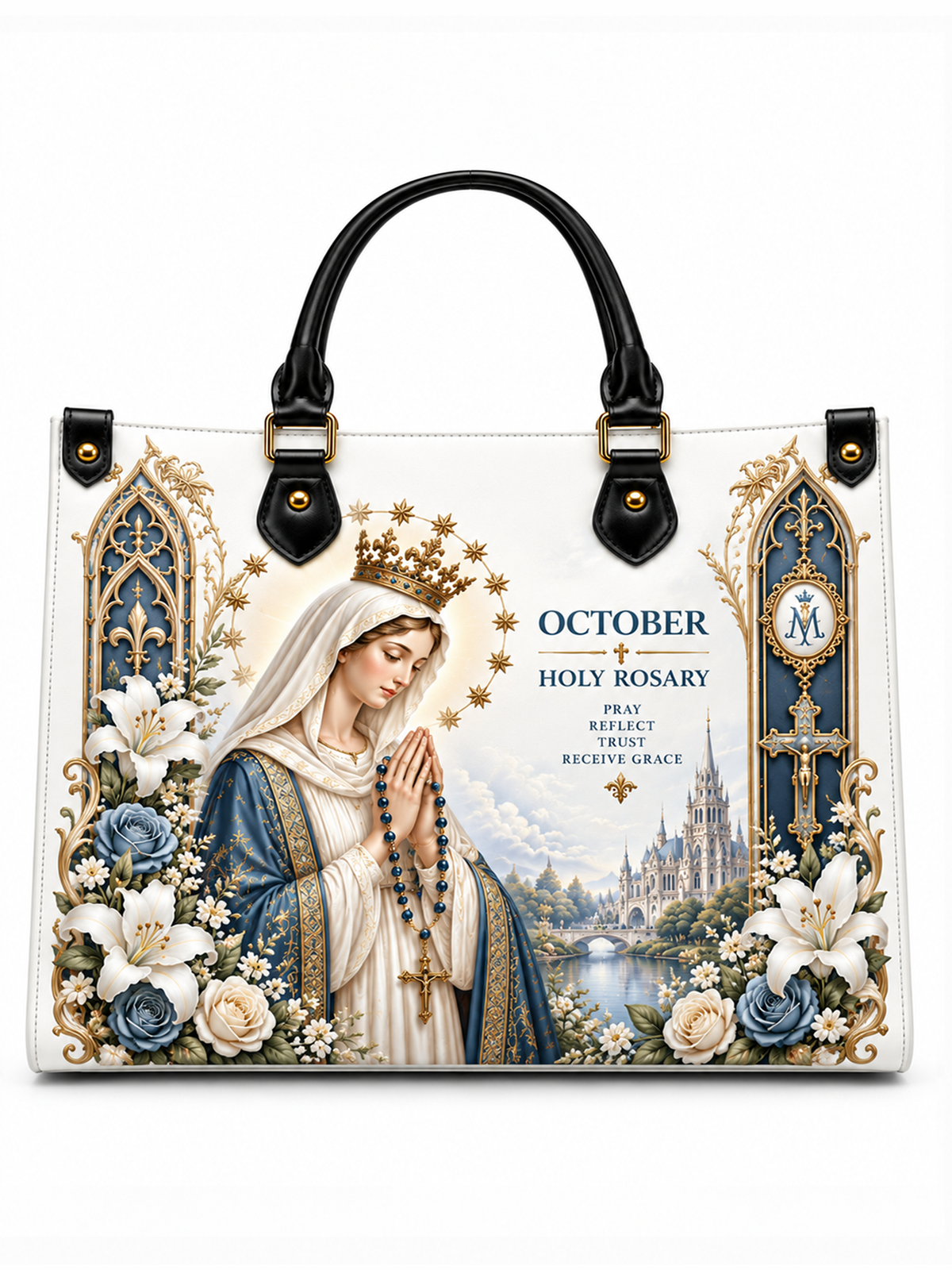 Holy Rosary Of Grace Leather Tote Bag