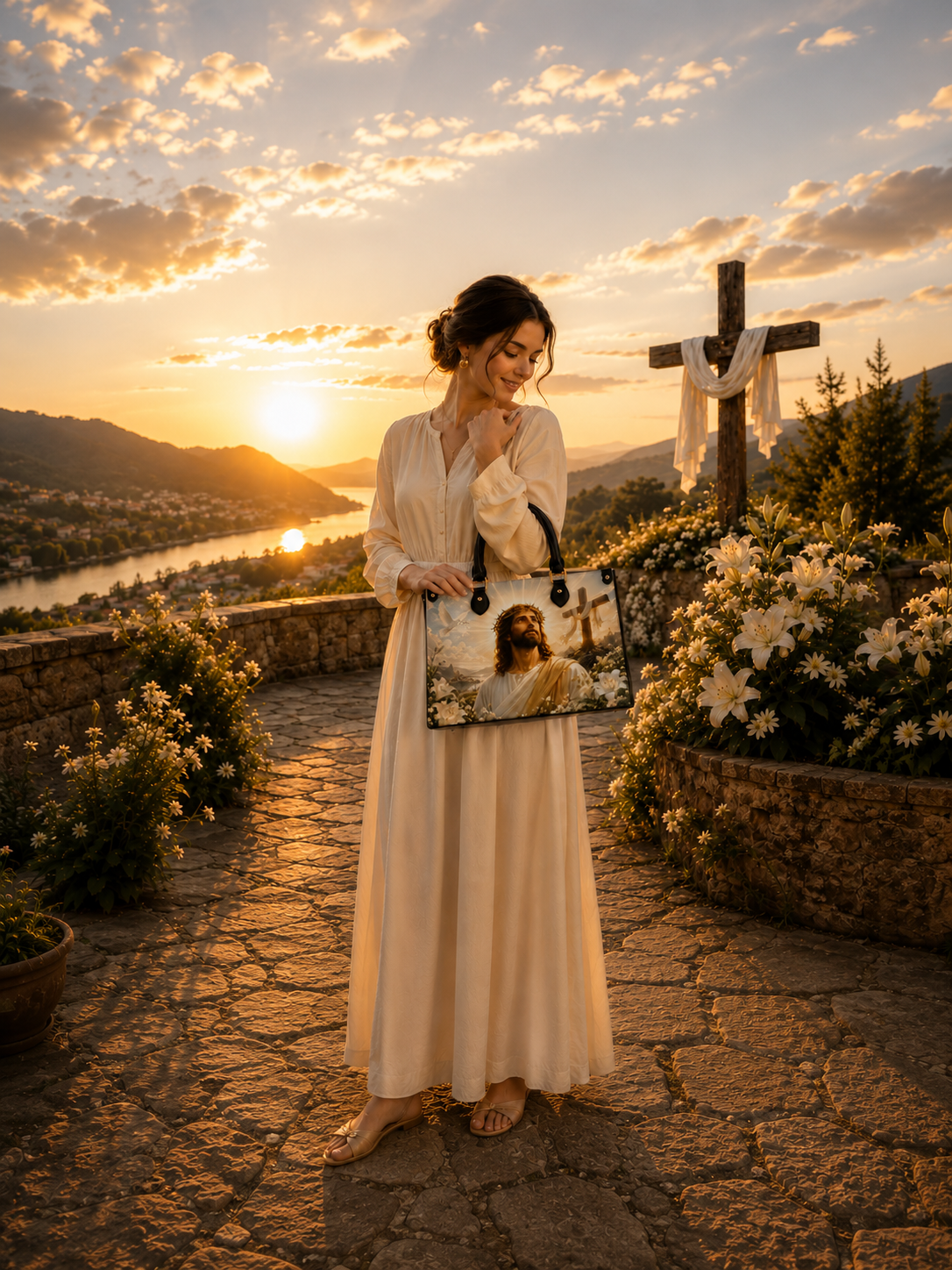 A woman in a long cream dress stands on a stone path at sunset holding a tote bag printed with an image of Jesus. The background features a scenic view of a river and mountains, a stone cross with a white cloth, and blooming white flowers.