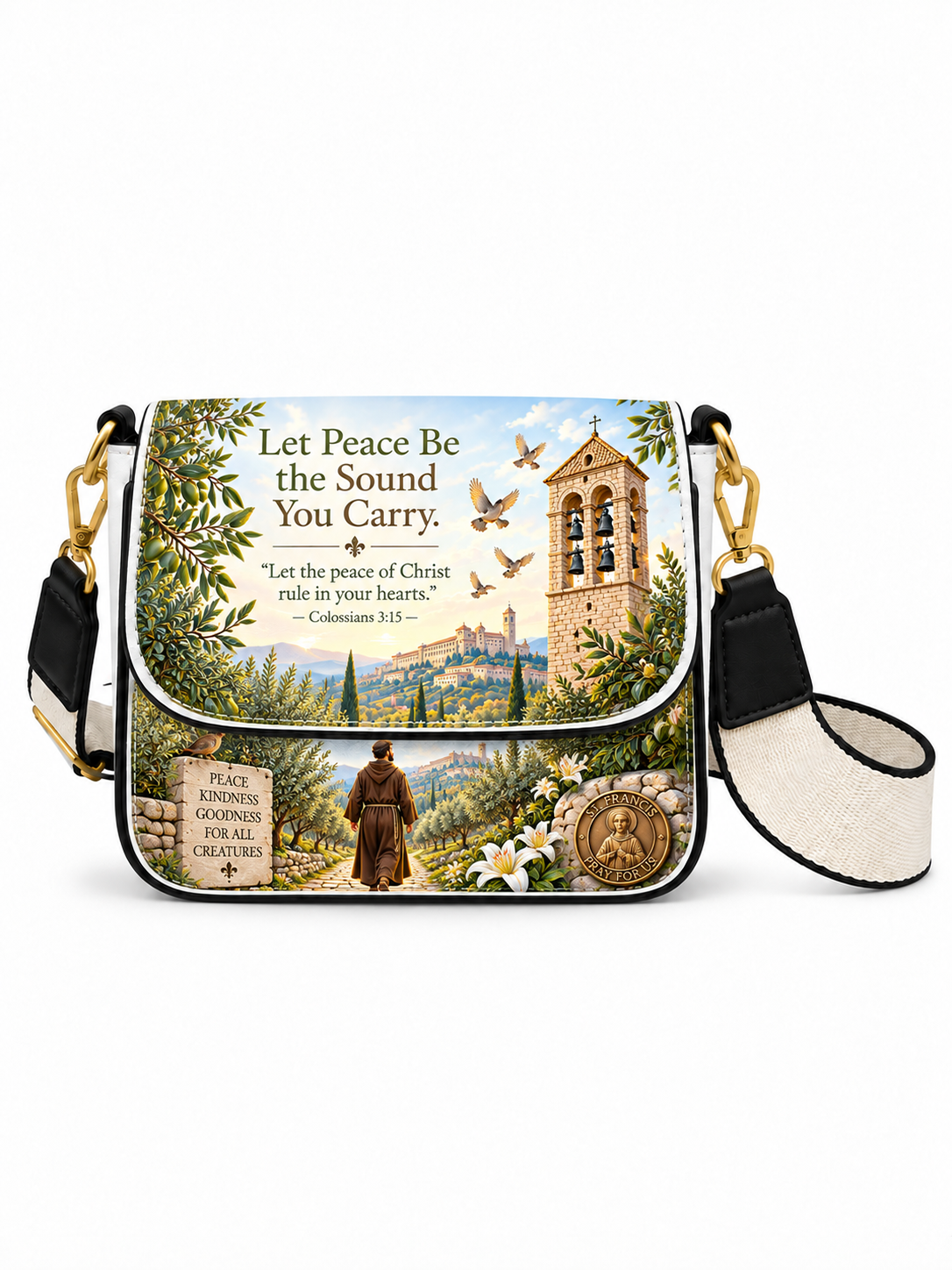 A rectangular shoulder bag with a colorful printed religious scene featuring a church tower, birds, flowers, and a saint, plus the text 'Let Peace Be the Sound You Carry' and a Bible verse. The bag has black trim, a cream-and-black patterned strap, and gold-tone hardware on a white background.