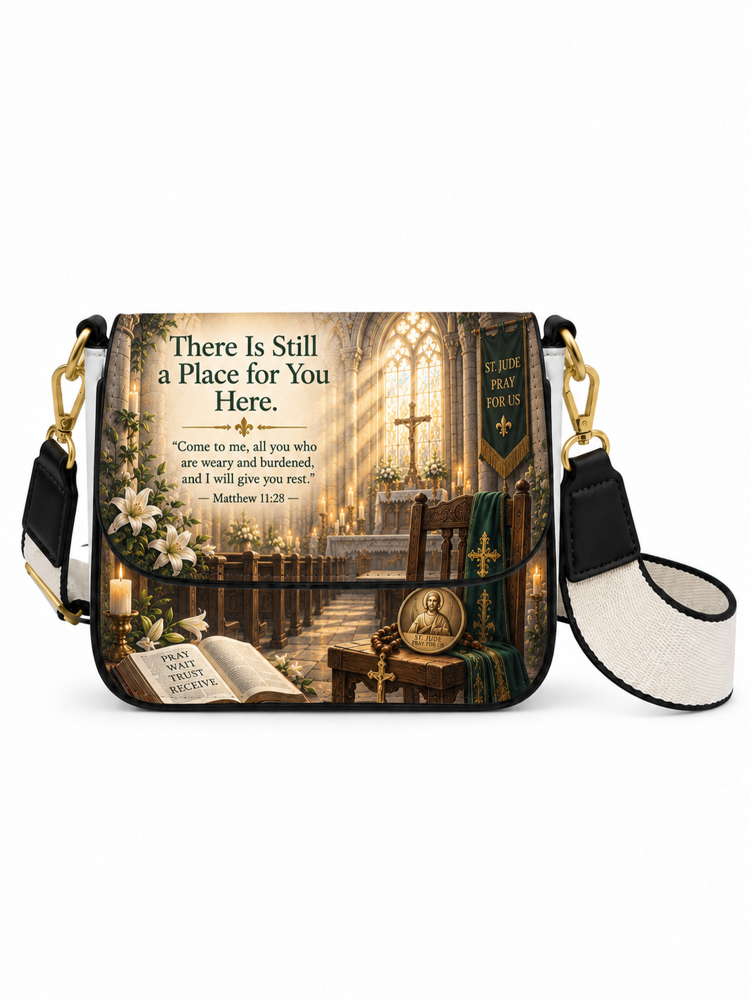 A rectangular shoulder bag with a printed church interior scene on the front flap, overlaid with the text 'There Is Still a Place for You Here.' and a Bible verse.