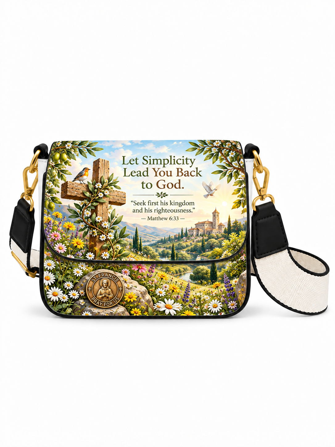 A crossbody shoulder bag with a black leather trim and a white woven strap, featuring a colorful printed design of a Tuscan landscape, a wooden cross, a bird, and religious text on the front flap.