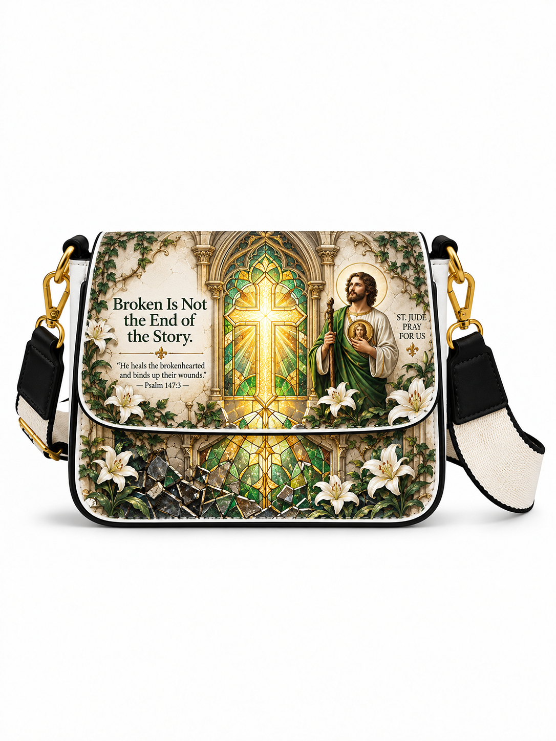 A rectangular shoulder bag with a white and black strap, featuring a detailed religious graphic print of Saint John Bosco, a radiant cross, lilies, and scripture on the front flap.