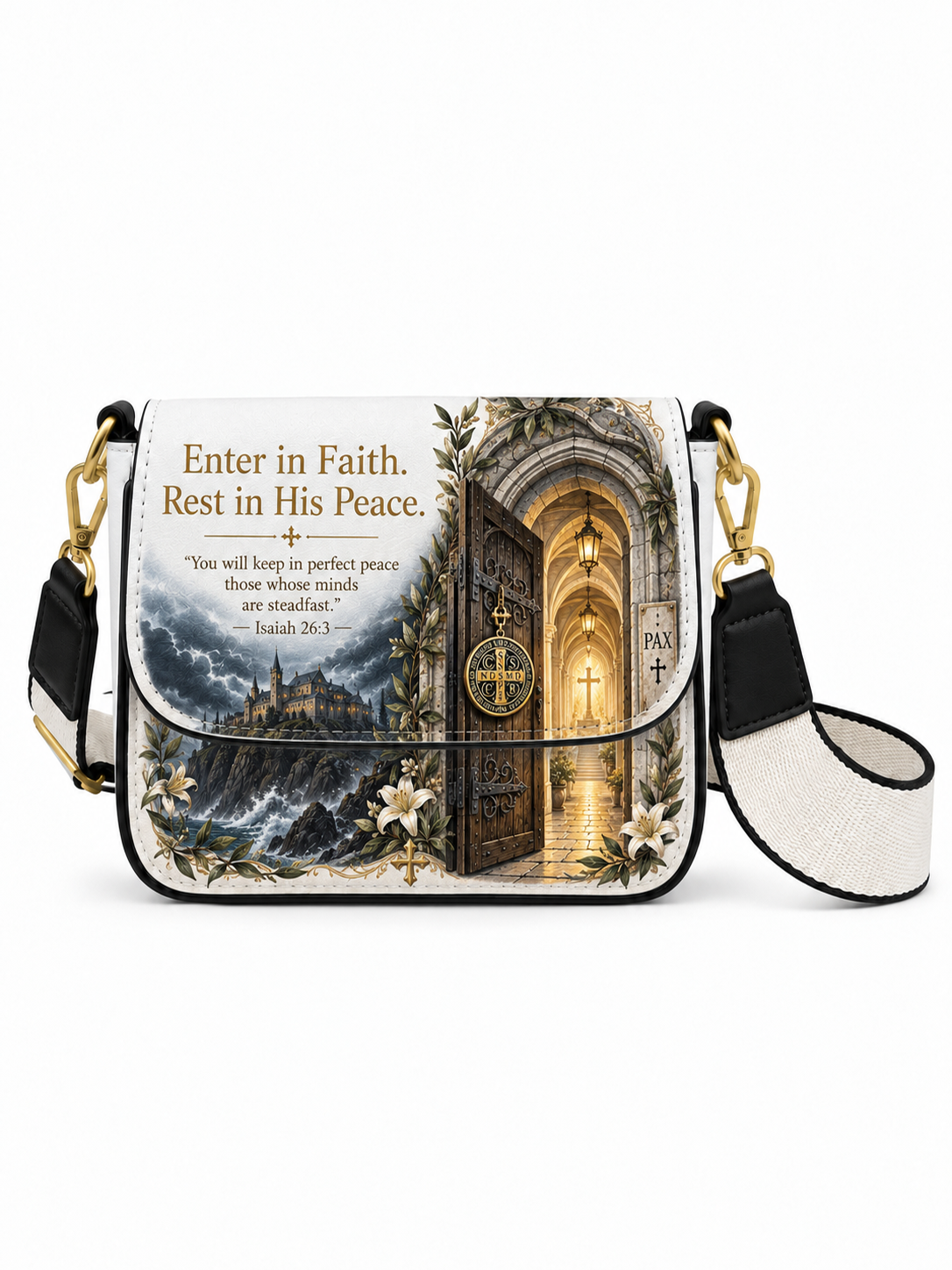A white crossbody bag with a black and gold strap, featuring a printed graphic of a cathedral door, lilies, and the text 'Enter in Faith. Rest in His Peace.