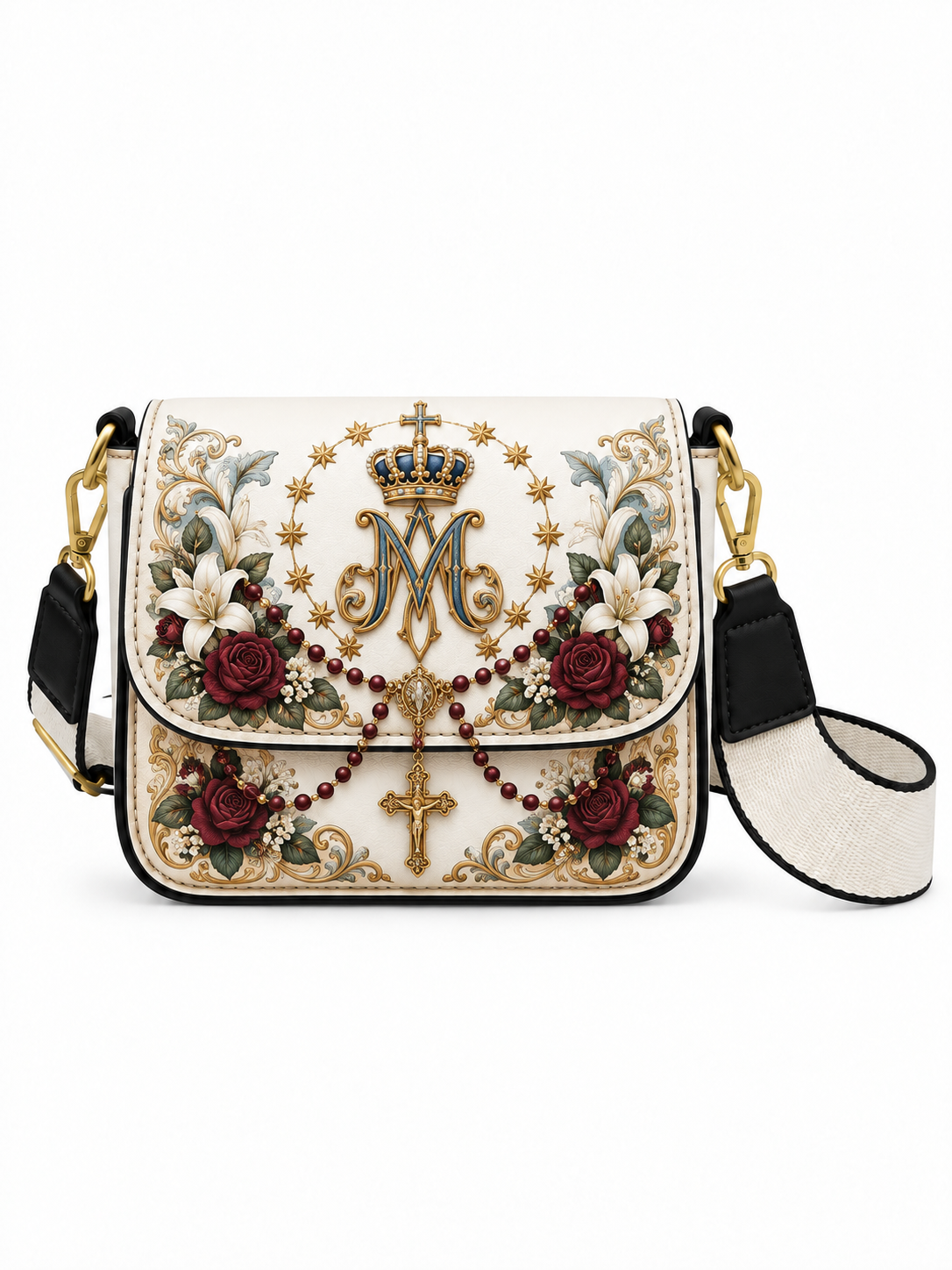 An ornate cream-colored crossbody handbag with a detailed baroque-style design featuring a gold monogram 'M' under a crown, red roses, white lilies, green leaves, and gold stars, with a black and cream woven strap.