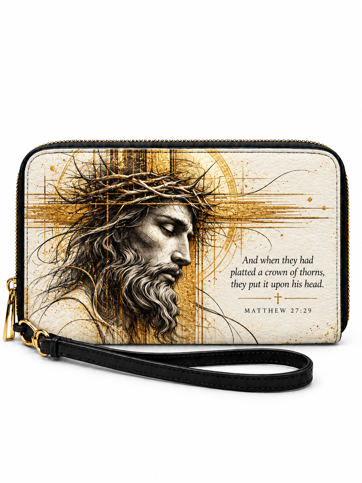 Crown of Thorns Golden Sketch Face of Christ Long Handbag